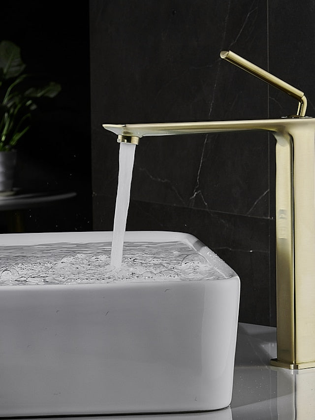 Basin Sink Mixer Faucet Brass, Tall/Short Bathroom Tap Single Handle One Hole Deck Mounted with Cold Hot Hose Bath Taps Vessel Water Tap