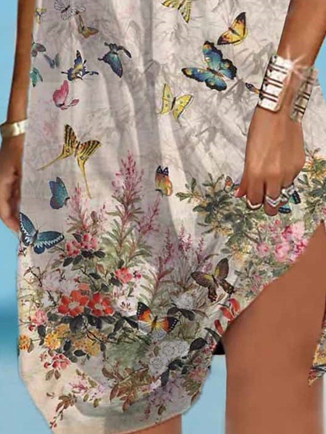 Beach Dress Beach Wear Mini Dress Print Tropical Fashion Butterfly Spaghetti Strap Sleeveless Loose Fit Outdoor Daily Beige  Summer Spring S M L XL for Women