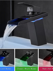 Bathroom Sink Faucet with Supply Hose,LED Waterfall Spout Single Handle Single Hole Vessel Lavatory Faucet,Slanted Body Basin Mixer Tap