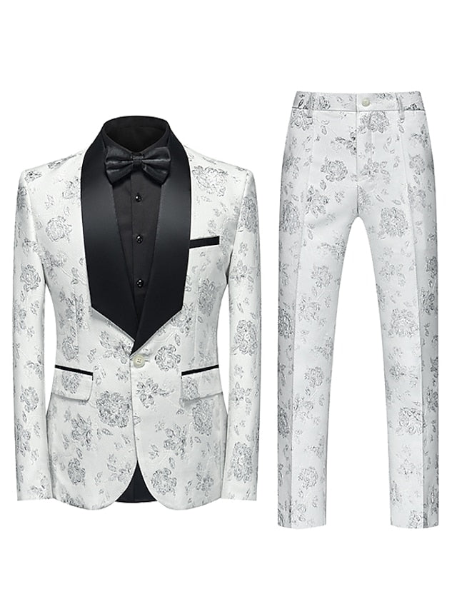 Black White Pink Men's Party Prom Tuxedos 2 Piece Shawl Collar Floral Slim Fit Single Breasted One-button