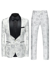 Black White Pink Men's Party Prom Tuxedos 2 Piece Shawl Collar Floral Slim Fit Single Breasted One-button