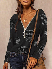 Blouse Zip Up Text Regular Spring &  Fall Green Fuchsia khaki Grey White for Women