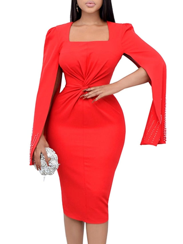 Bodycon Sheath Dress Church Dress Midi Dress Black White Red Long Sleeve Pure Color Ruched Summer Spring Square Neck Personalized Winter Dress Fall Dress Slim  S M L XL XXL for Women