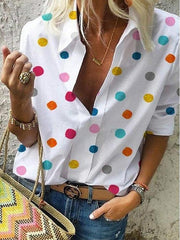 Blouse Button Front Round Dots Regular Spring &  Fall Blue Red Grey White for Women