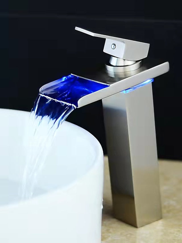 Bathroom Vessel Faucet Tall LED Waterfall Spout 3 Color Changes with Temperature, Sink Mixer Mono Basin Taps, Single Handle One Hole Brass Washroom Vessel Tap Deck Mounted