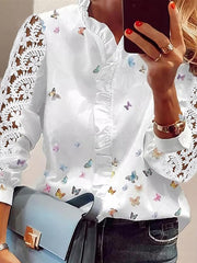 Blouse T shirt Tee Lace Butterfly Modern V Neck Standard Spring &  Fall White for Women