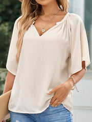 Blouse Ruched Chiffon Solid / Plain Color Basic V Neck Flutter Sleeve Summer Wine Red Black White Ocean Blue Blue for Women