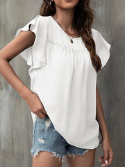 Blouse Ruffle Solid / Plain Color Basic Round Neck Petal Sleeve Summer Black White Pink Blue for Women