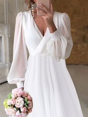 Bridal Shower Little White Dresses Casual Wedding Dresses A-Line V Neck Long Sleeve Asymmetrical Chiffon Bridal Gowns With Solid Color 2023 Summer Wedding Party, Women's Clothing