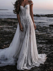 Beach Open Back Boho Wedding Dresses A-Line Off Shoulder Cap Sleeve Court Train Lace Bridal Gowns With Appliques Solid Color 2023 Summer Wedding Party, Women's Clothing