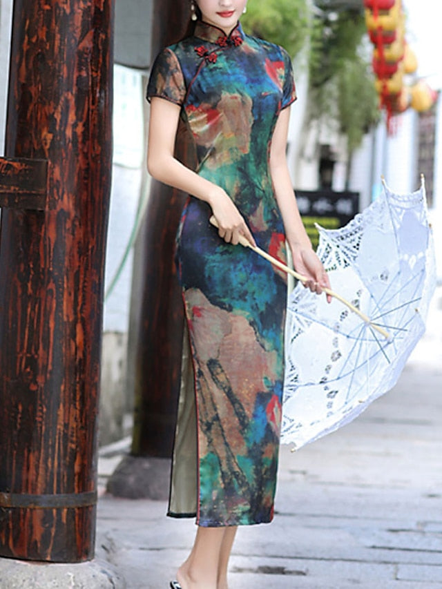 Bodycon Sheath Dress Cheongsam Dress Midi Dress Red Blue Gold Short Sleeve Floral Split Spring Summer Stand Collar Elegant Weekend  M L XL XXL 3XL 4XL 5XL for Women