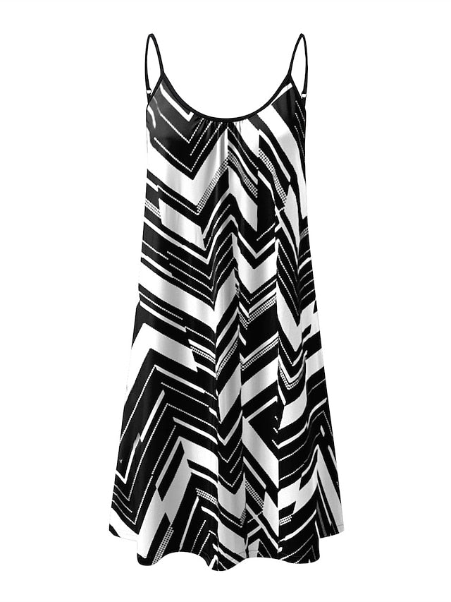 Beach Dress Beach Wear Mini Dress Print Fashion Modern Geometric Spaghetti Strap Sleeveless Loose Fit Outdoor Daily Black And White Black  Summer Spring S M L XL for Women