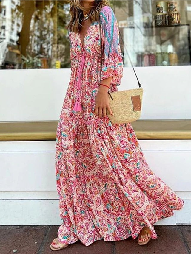 Bohemia Floral V Neck Dress Long Dress Maxi Dress Red 3/4 Length Sleeve Ruched Summer Fall Autumn  S M L XL XXL 3XL for Women