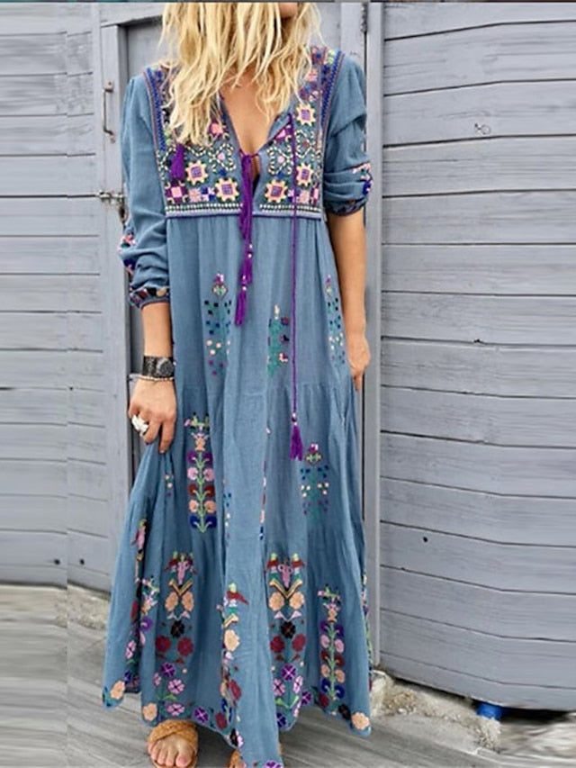 Bohemia Casual Dress Shift Dress Boho Dress Long Dress Maxi Dress Red Blue Brown Long Sleeve Floral Print Summer Fall Autumn V Neck Vacation Weekend Fall Dress  S M L XL XXL 3XL 4XL for Women