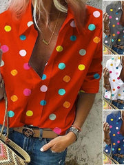 Blouse Button Front Round Dots Regular Spring &  Fall Blue Red Grey White for Women