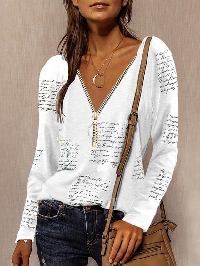 Blouse Zip Up Text Regular Spring &  Fall Green Fuchsia khaki Grey White for Women