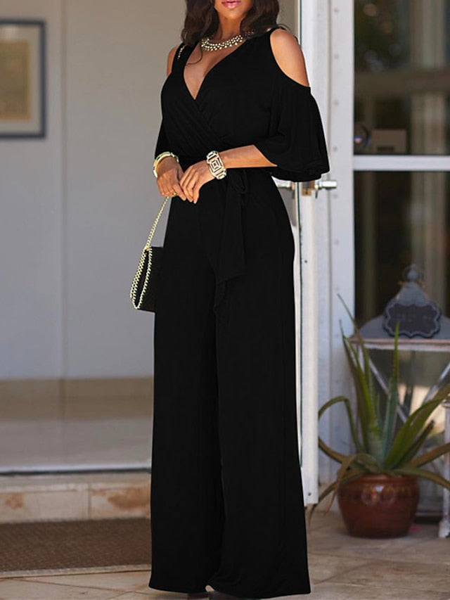 Black Jumpsuit for Women Lace up V Neck Ordinary Street Regular Fit Long Sleeve Wine Royal Blue S M L Fall
