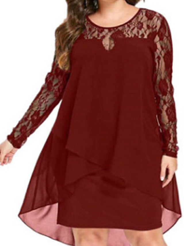 Black Blue Wine Long Sleeve Pure Color Lace Fall Crew Neck Winter Dress Fall Dress XL XXL 3XL 4XL 5XL for Women