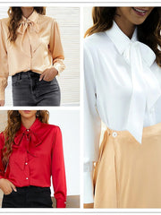 Blouse White Red Light Brown Plain Sparkly Lace up Long Sleeve Work Daily Streetwear Shirt Collar Regular Silk Like Satin S for Women