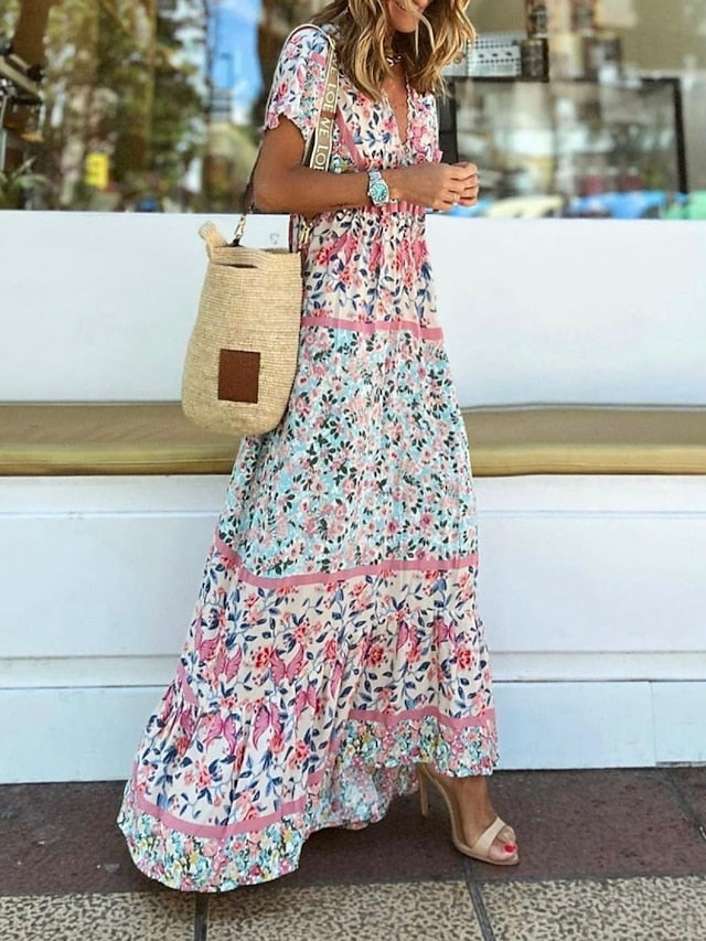 Bohemia Floral V Neck Long Dress Maxi Dress Pink Short Sleeve Floral Ruched Spring Summer Modern Weekend  S M L XL XXL 3XL for Women