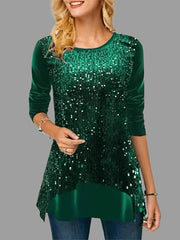 Blouse Wine Gray Solid Color Sequins Long Sleeve Daily Going out Casual Crew Neck Regular L for Women