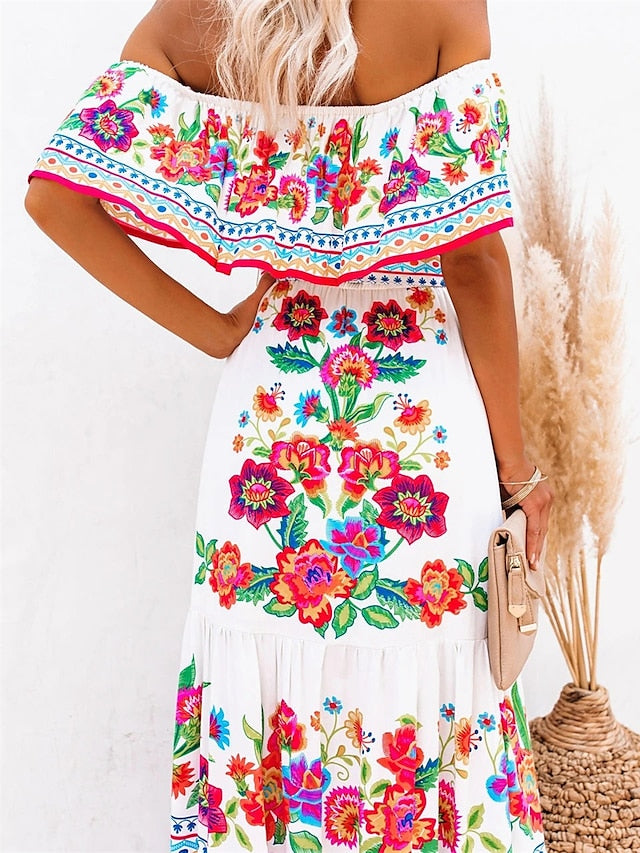 Boho Dress Beach Dress Beach Wear Long Dress Maxi Dress Ruffle Print Boho Casual Floral Off Shoulder Short Sleeve Loose Fit Outdoor Daily Black White  Spring Summer S M L XL for Women