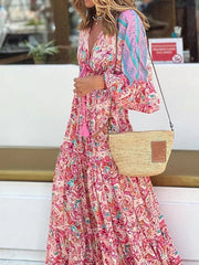 Bohemia Floral V Neck Dress Long Dress Maxi Dress Red 3/4 Length Sleeve Ruched Summer Fall Autumn  S M L XL XXL 3XL for Women