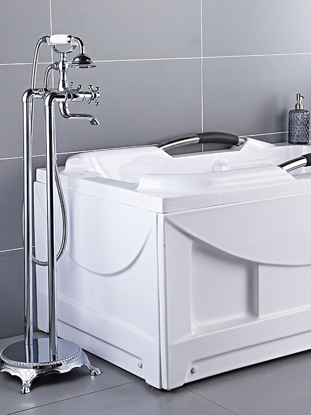Bathtub Faucet Floor Mounted, Brass Retro Style Telephone Shape Brass Electroplated Finish Two Handles Two Holes Shower Faucet with Handshower and Drain