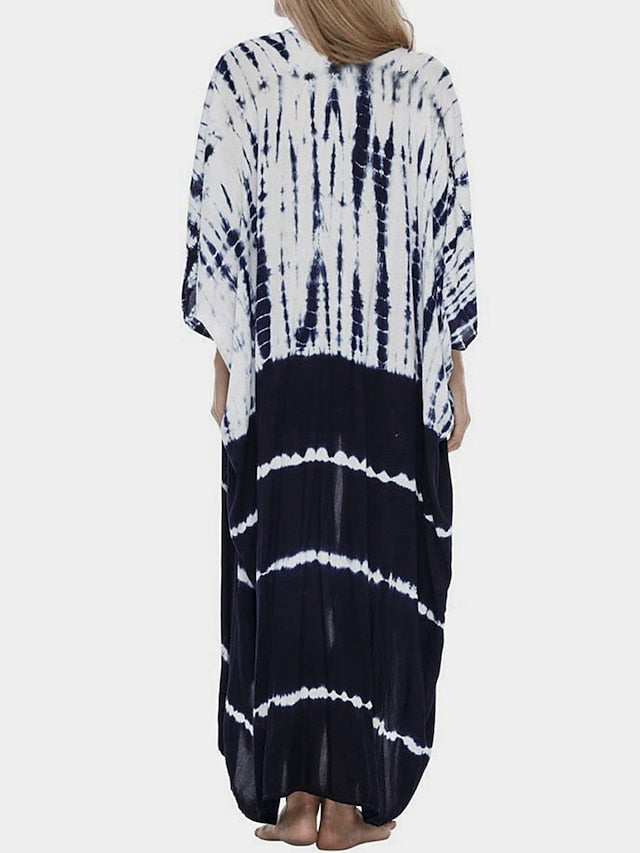 Beach Dress Beach Wear Long Dress Maxi Dress Lace up Basic Casual Tie Dye Open Front 3/4 Length Sleeve Loose Fit Outdoor Daily Black White  Summer Spring One Size for Women