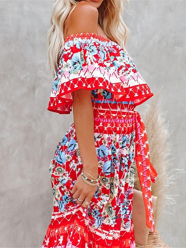 Boho Dress Beach Dress Beach Wear Long Dress Maxi Dress Ruffle Print Boho Casual Floral Off Shoulder Short Sleeve Loose Fit Outdoor Daily Black White  Spring Summer S M L XL for Women