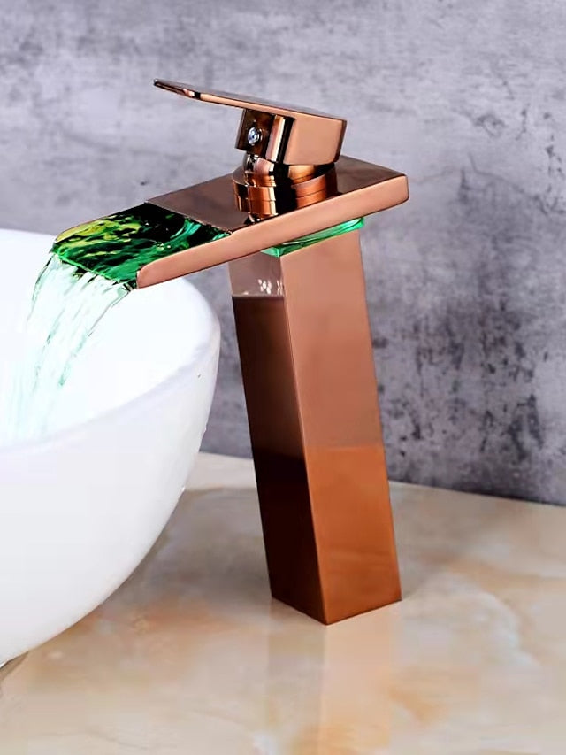 Bathroom Vessel Faucet Tall LED Waterfall Spout 3 Color Changes with Temperature, Sink Mixer Mono Basin Taps, Single Handle One Hole Brass Washroom Vessel Tap Deck Mounted