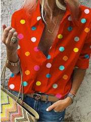 Blouse Button Front Round Dots Regular Spring &  Fall Blue Red Grey White for Women