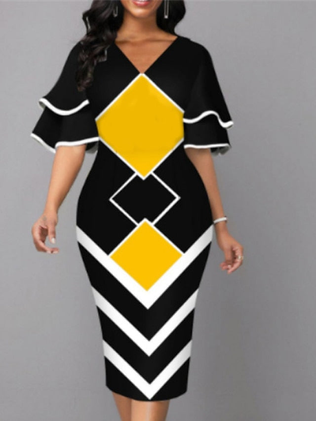 Bodycon Sheath Dress Modern Dress Midi Dress Yellow Wine Royal Blue Half Sleeve Print Ruffle Summer Spring V Neck Stylish  S M L XL XXL 3XL 4XL 5XL for Women