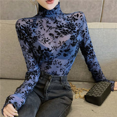 Girls Transparent Flocking Mesh Blouses Shirts Tees Female Turtleneck  Full Sleeve Blouses Tops For Women