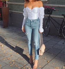 Off Shoulder Shirt  Blouse Lady Girls Fashion Back Bandage Slim Bustier Female Leotard Corset Ladies' Solid Tops Wear
