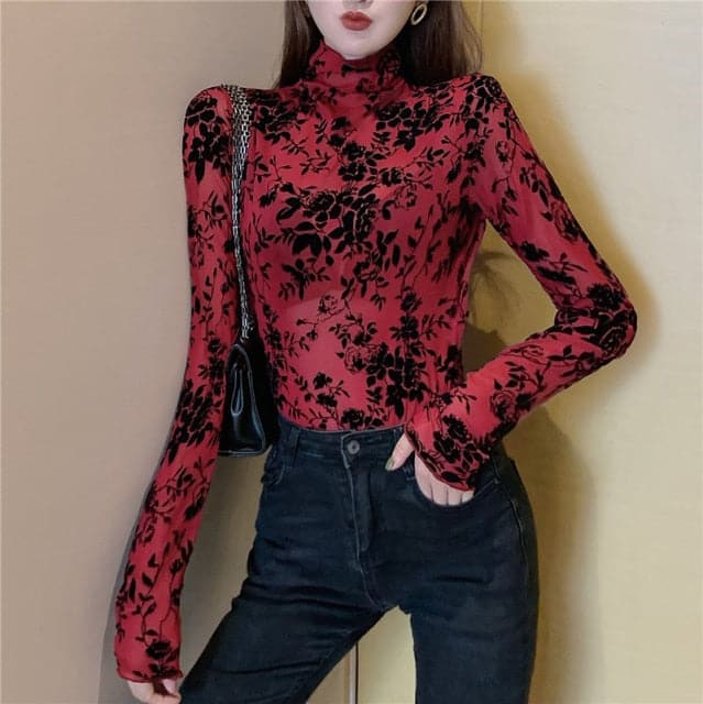 Girls Transparent Flocking Mesh Blouses Shirts Tees Female Turtleneck  Full Sleeve Blouses Tops For Women