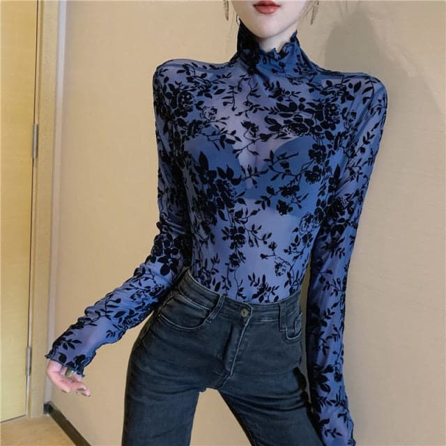 Girls Transparent Flocking Mesh Blouses Shirts Tees Female Turtleneck  Full Sleeve Blouses Tops For Women