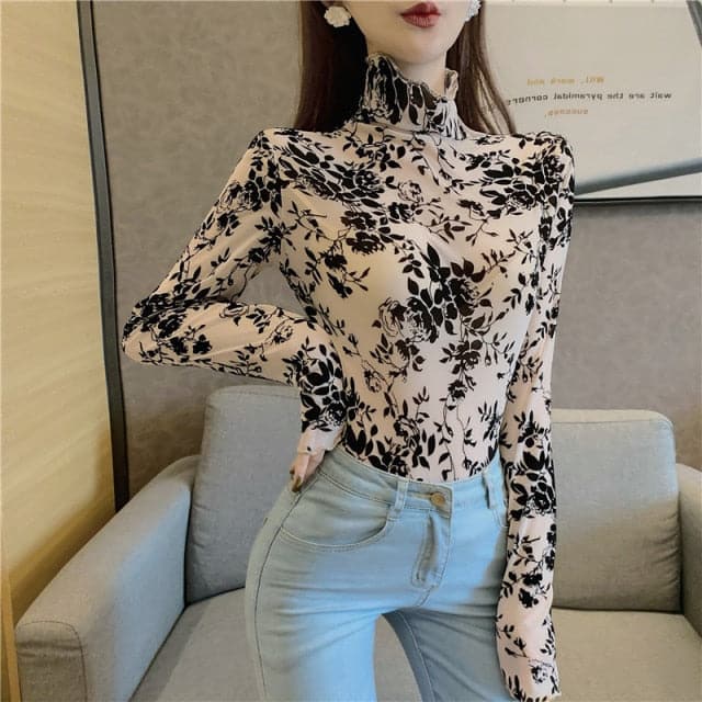 Girls Transparent Flocking Mesh Blouses Shirts Tees Female Turtleneck  Full Sleeve Blouses Tops For Women