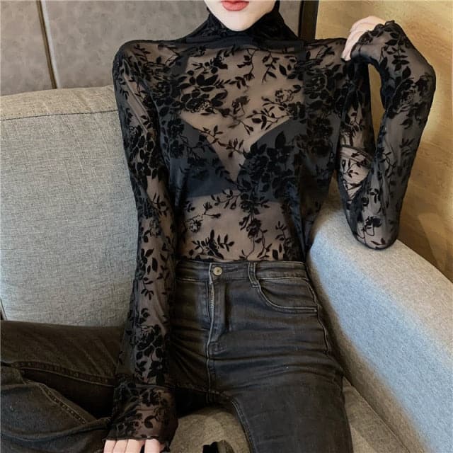 Girls Transparent Flocking Mesh Blouses Shirts Tees Female Turtleneck  Full Sleeve Blouses Tops For Women