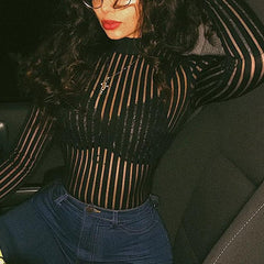 Mesh Sprited Print  See-through Skinny Bodysuits