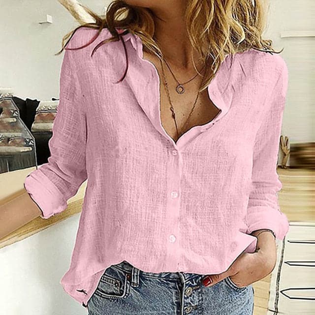 Plus Size Fashion Linen Button Bottom Blouse Casual Autumn Winter Lady Loose Tops Female Long Sleeve Shirt  Pullover