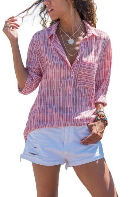 WhiteRed Casual Roll-up Sleeve Stripe Pocket Loose Shirt Turn Down Collar Single Buttons with Pocket Blouse Tops