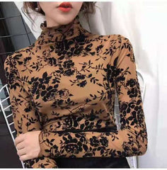 Girls Transparent Flocking Mesh Blouses Shirts Tees Female Turtleneck  Full Sleeve Blouses Tops For Women