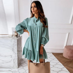 Vintage Ruffled Front Button A-line Dress Long Sleeve Stand Collar Solid Elegant Casual Mini Dress Autumn New Dress