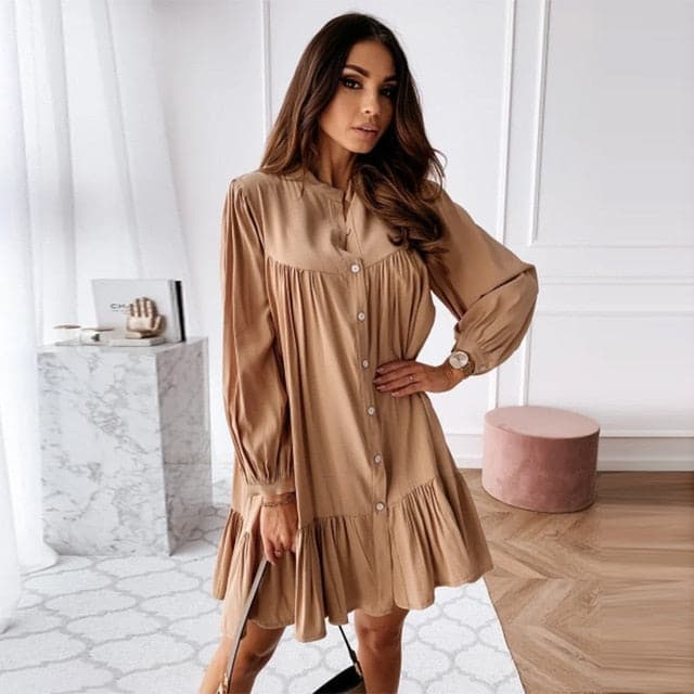 Vintage Ruffled Front Button A-line Dress Long Sleeve Stand Collar Solid Elegant Casual Mini Dress Autumn New Dress