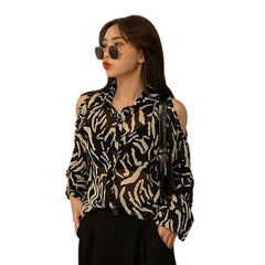 Printed Shirt Off The Shoulder  Blouses Loose Long-sleeved Shirt Retro Female Blouses