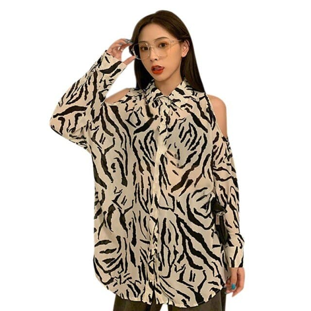 Printed Shirt Off The Shoulder  Blouses Loose Long-sleeved Shirt Retro Female Blouses