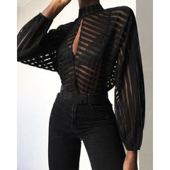 French Style Gauze Mesh Net Loose Blouse Sheer Long Sleeve Ladies Shirt Black Front Hollow Lantern Vague  Look Stripe