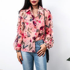 New Vintage Shirts Print Full Sleeve Loose Chiffon Thin Port Western Style Flavor Blouse Shirt Pink Blouse