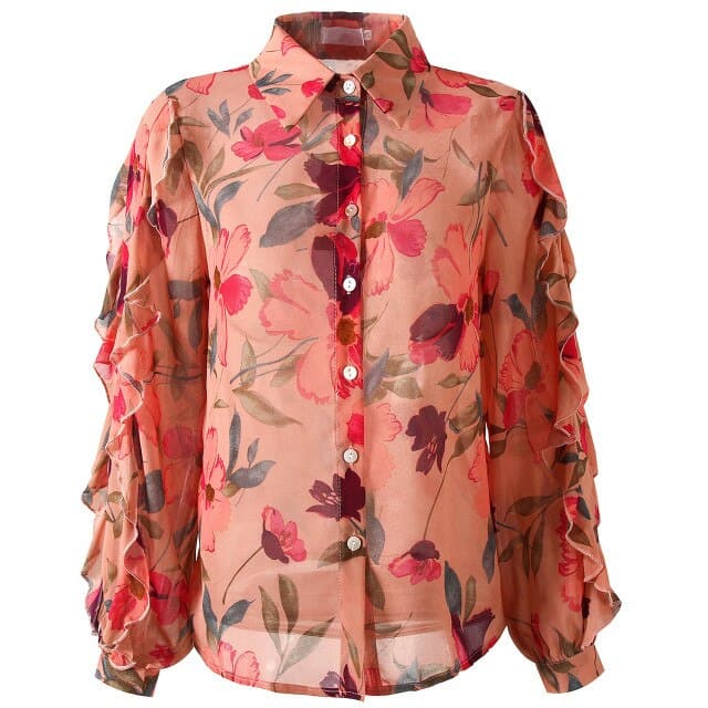 New Vintage Shirts Print Full Sleeve Loose Chiffon Thin Port Western Style Flavor Blouse Shirt Pink Blouse